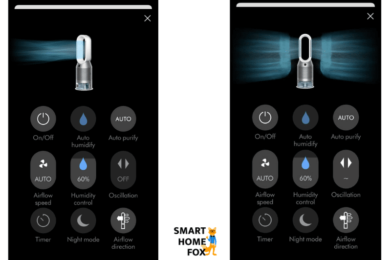 Die App-Steuerung eines Dyson Luftreinigers wird in der Dyson Link App gezeigt.